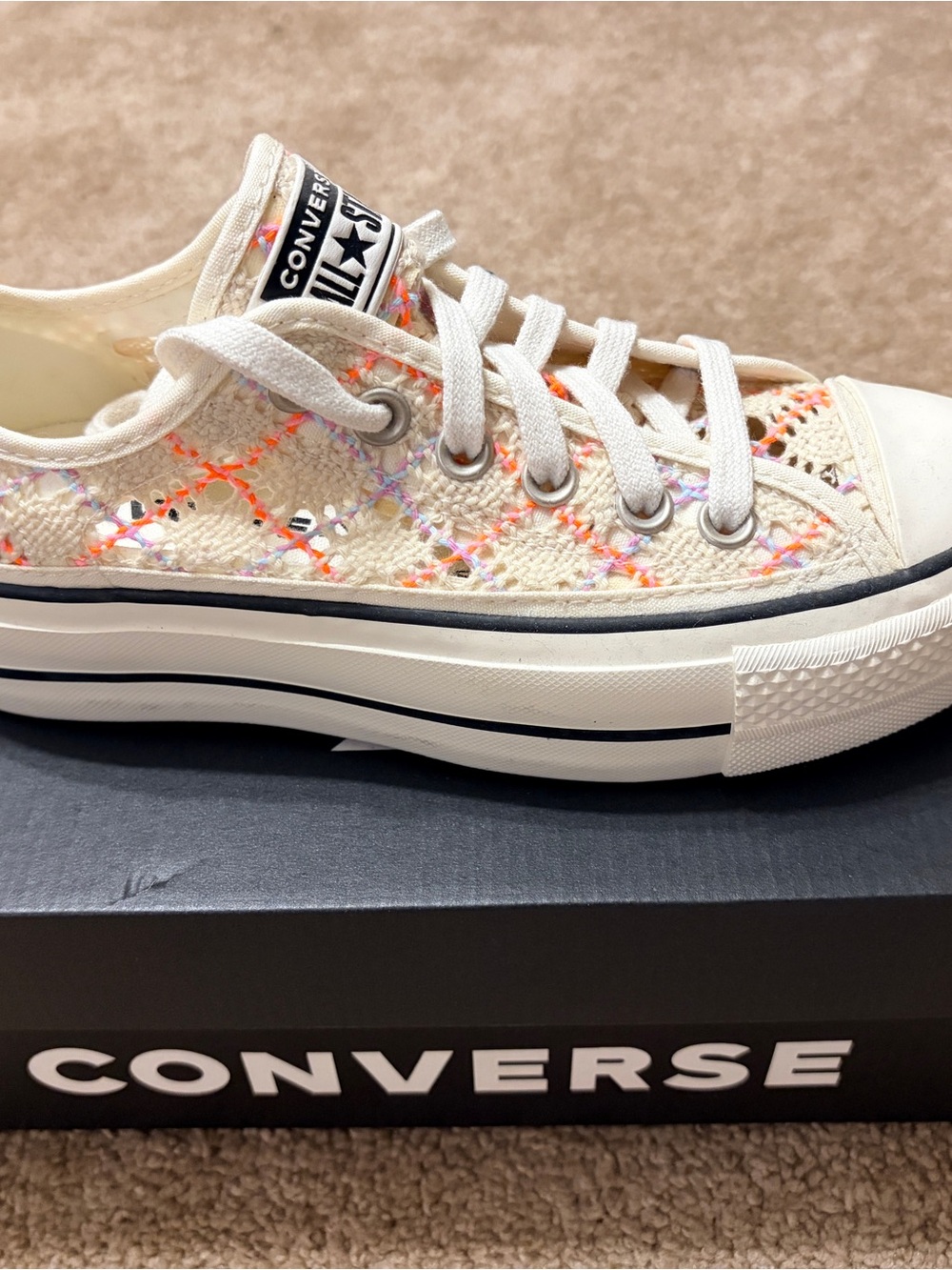 Converse Women’s Ivory Crochet Low-Top Sneakers with Neon Stitching